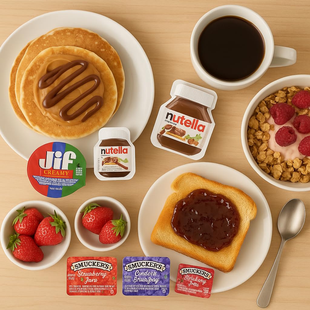 Breakfast Spreads Variety Pack –40 Single-Serve Portion Cups – Peanut Butter, Hazelnut Cocoa Spread, Strawberry Jam & Grape Jelly – Individual Packs for Breakfast, Travel & On-the-Go Snacks