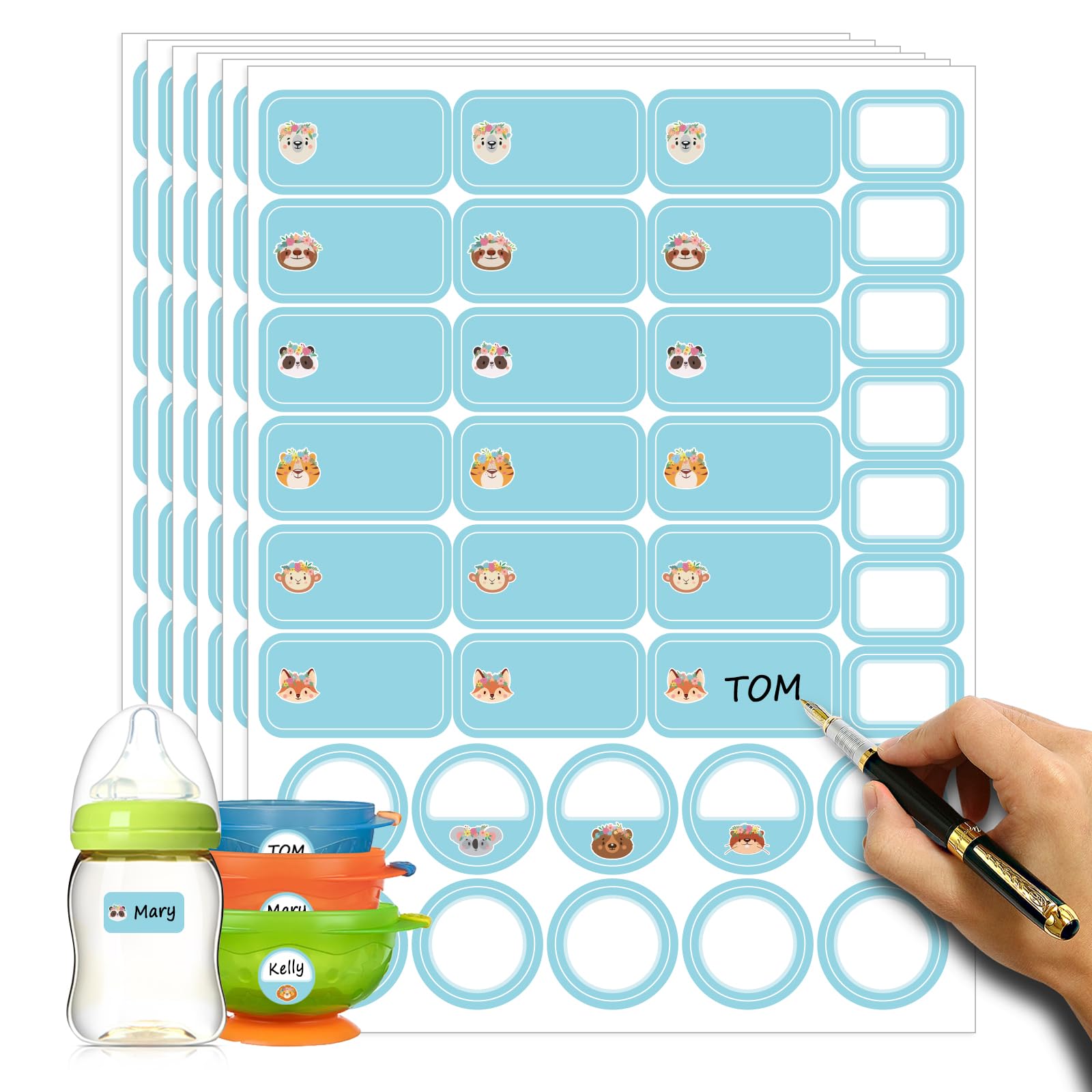 420 Pcs Name Tag Stickers, Cute Animal Name Tag Labels with Strong Adhesion, Colorful Blank Name Stickers for School Office Home Clothes Mailing & Storage Boxes(Aqua)