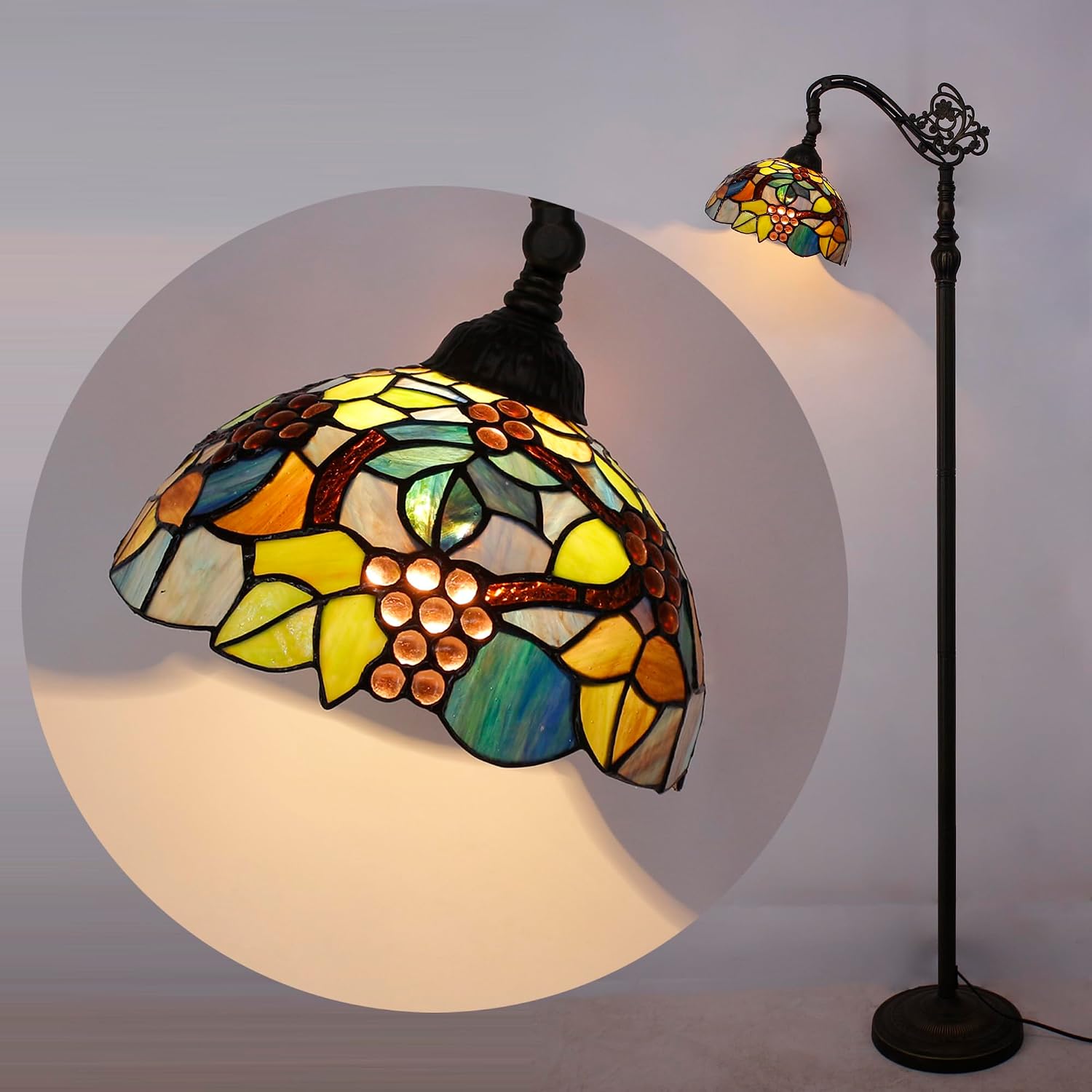 Tiffany Floor Lamp Stained Glass Arched Lamp 10X16X67 Inches Gooseneck Adjustable Corner Standing Reading Light Decor Bedroom Living Room (Purple Grape Style)