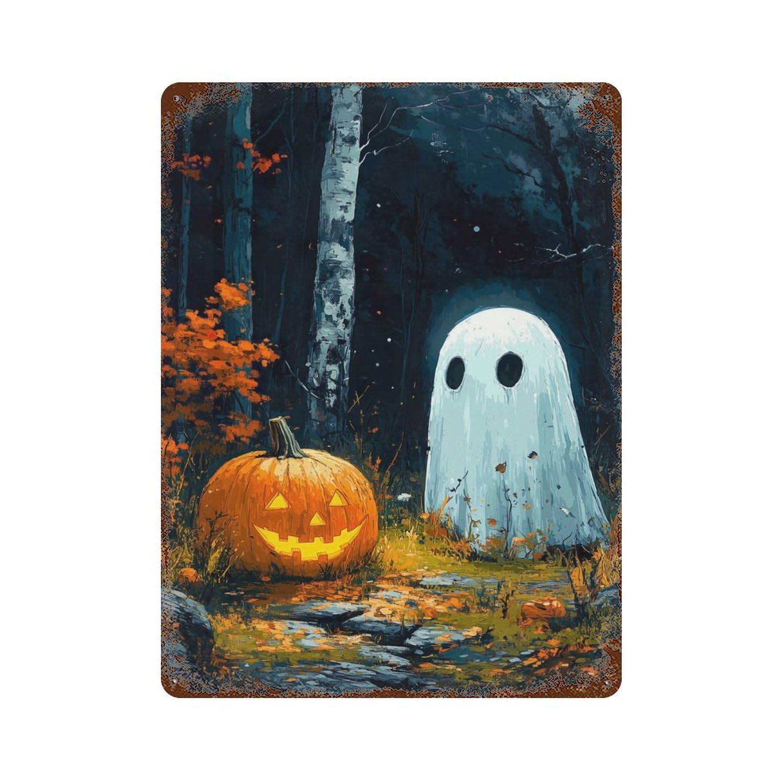 Garage Style Ghostly Halloween Forest Rustic Tin Plaque 15.7"x11.8", Industrial Home Decor for Bar And Workshop