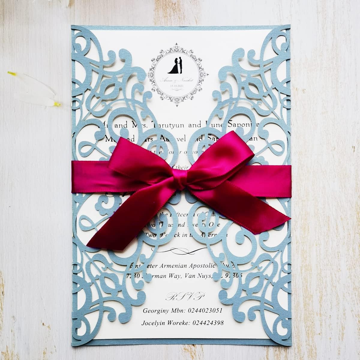 50PCS 5 x 7.3 Dusty Blue Wedding Invitations Cards with Burgundy Bowknot Hollow Flora Laser Cut Blank Invitation Card for Wedding Bridal Shower Birthday Quinceañera Sweet 16 Invites