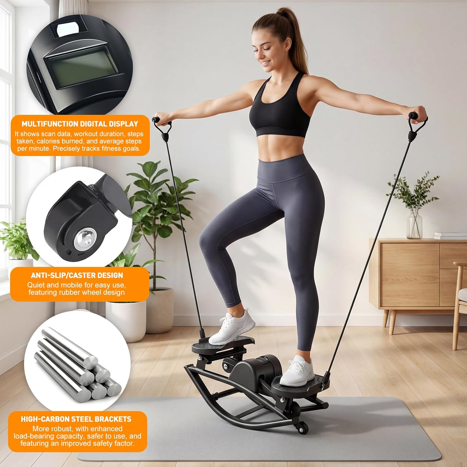 Rock Stepper Side to Side Fitness, Low Impact Lateral Stepper for Home Workout with Resistance Bands, Digital Monitor and Floor Mat, Quiet Step Rocker for Legs and Glutes