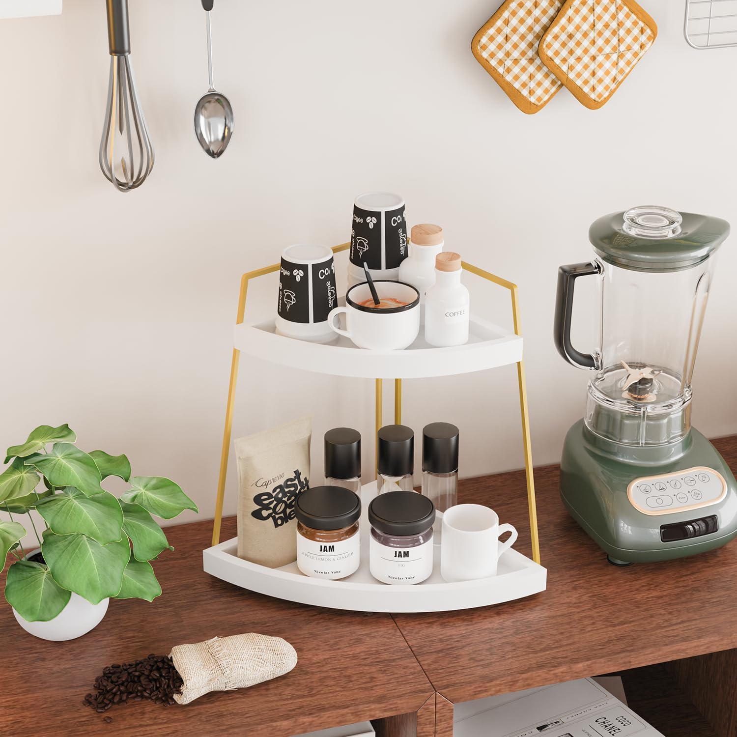 Coffee Bar Organizer for Countertop, 2-Tier Wood Coffee Corner Station, Multifunctional Coffee Bar Accessories and Organizer for Storage, White Gold Corner Condiment Rack for Kitchen, Bathroom Decor