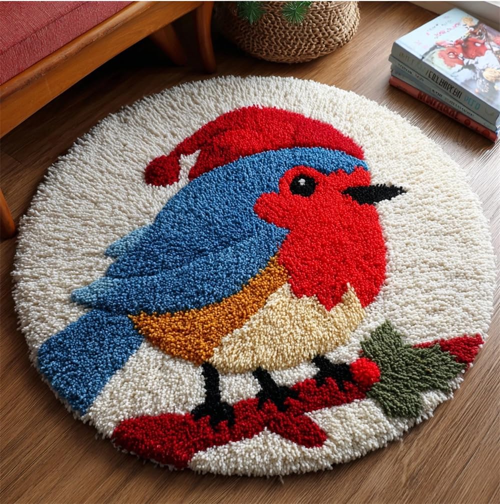kitphoenix Circular Latch Hook Rug Kit Christmas Robin Bird Xmas