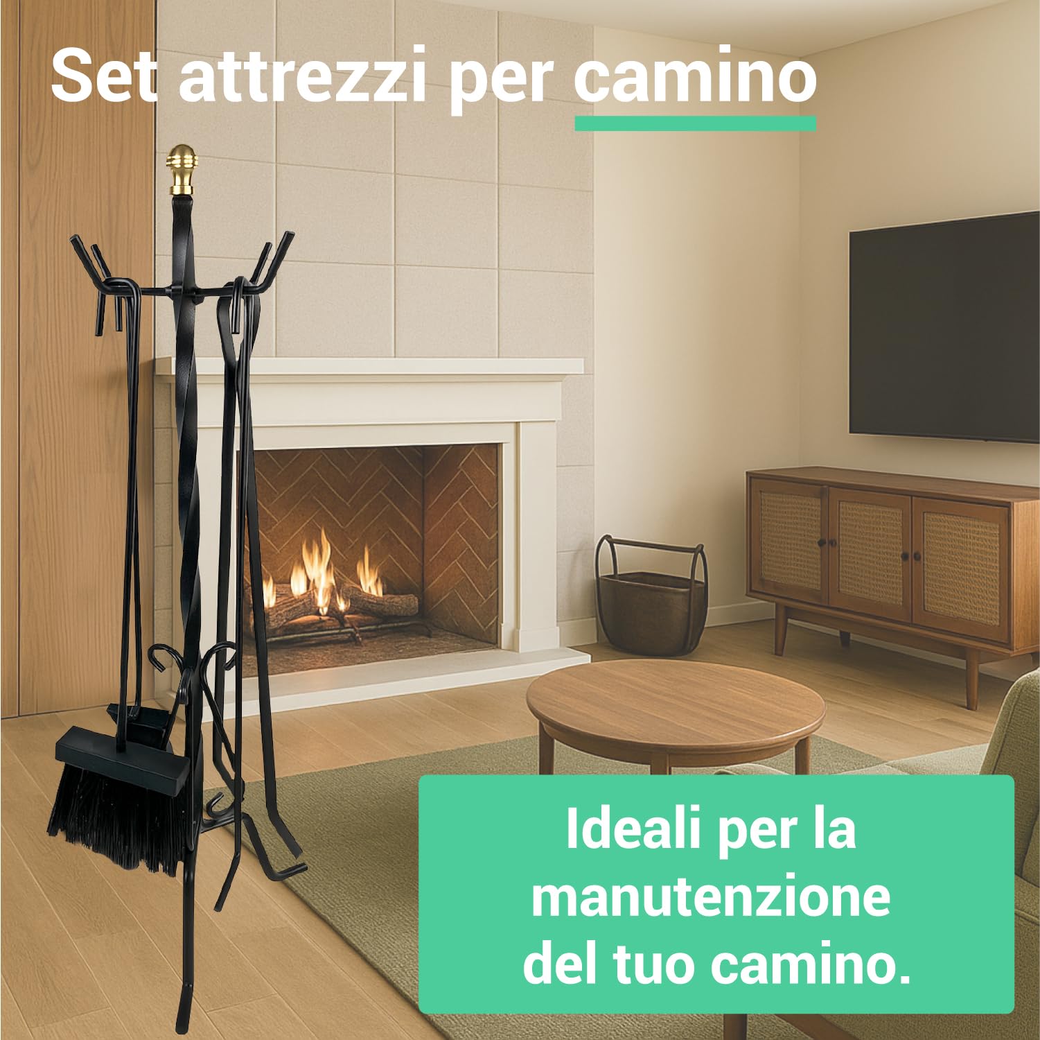 Crisalide® – Set Attrezzi per Camino in Ferro Battuto | 4 Accessori (Scopa, Paletta, Pinza, Attizzatoio) con Supporto da Pavimento | Design Classico Nero Opaco | Altezza 58 cm