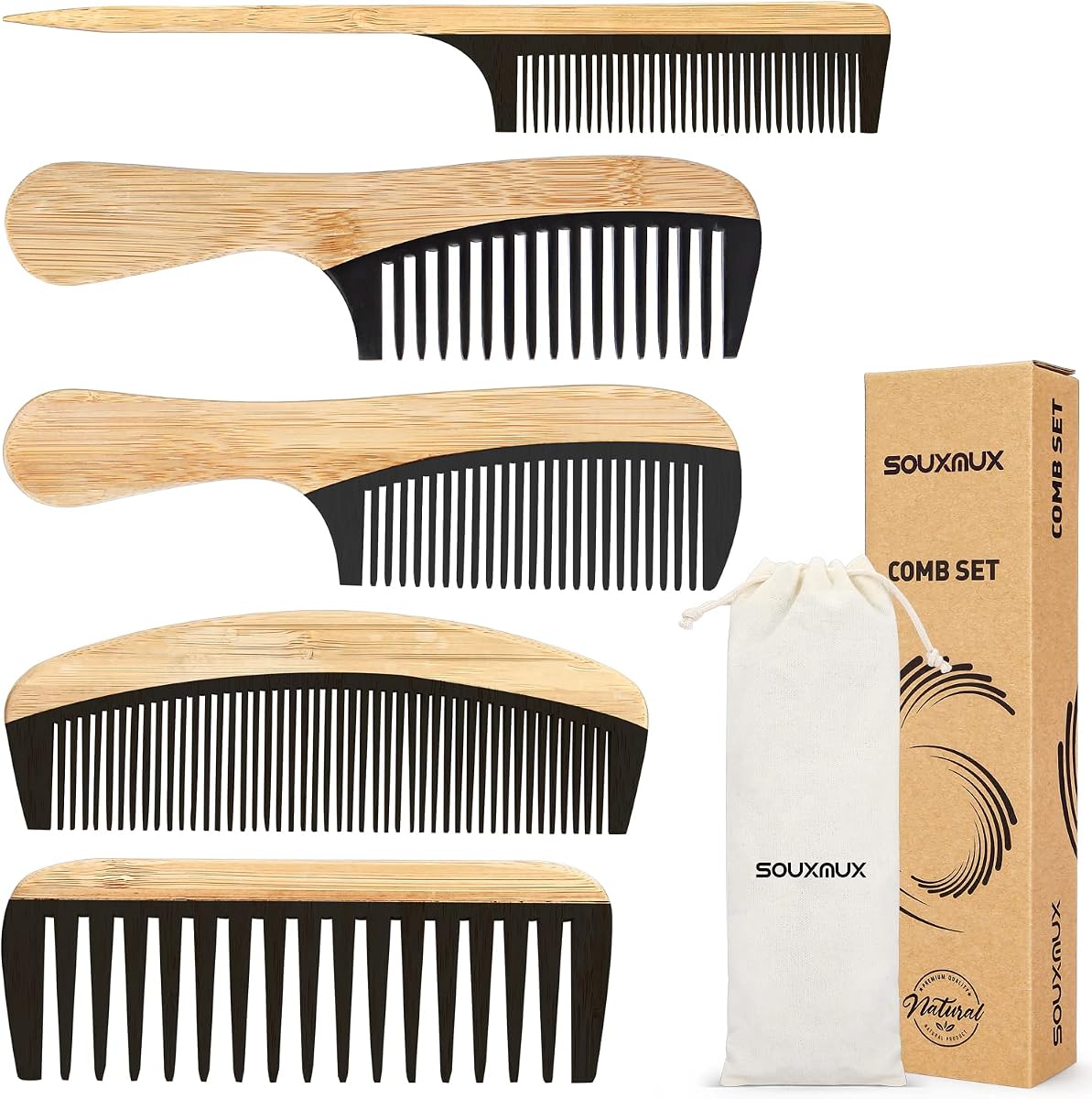 Juego de peines antiestáticos de bambú hechos a mano de 5 piezas para mujeres y hombres: peines de dientes anchos, cola de rata y dientes finos para desenredar cabello largo, corto, grueso, fino, ondulado y rizado (natural + negro)