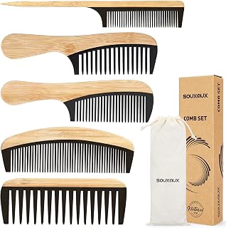 SOUXMUX 5-Pc Handmade Bamboo Anti-Static Comb Set: Wide Tooth, Rat Tail, Fine Tooth for Detangling Curly, Wavy, Thick Hair - Women & Men