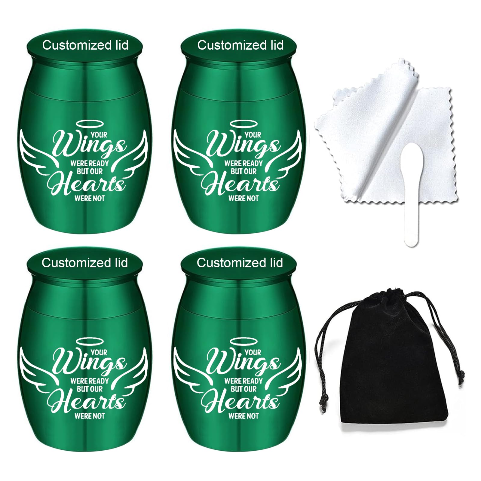 Small Keepsake Urns for Human Ashes Angel Wings Cremation Urns for Ashes 4 Piece Stainless Steel Funeral Memorial Ashes holder-Your Wings Were Ready, But My Heart Was Not (4Pcs-Green Customized)