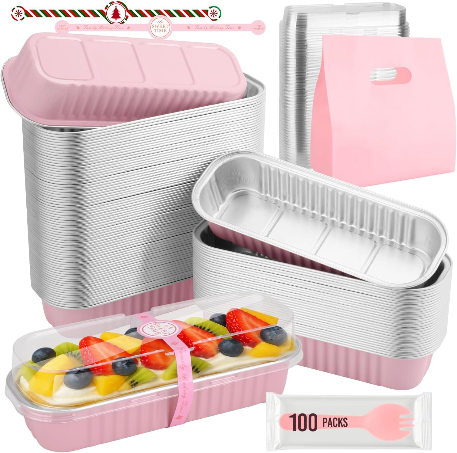 Mini Loaf Pans With Lids and Spoons, 100 PCS 6.8oz Mini Cake Pans for Baking, Aluminum Foil Loaf Pans, Small Aluminum Cake Tins, Cake Pans with Clear Lids,Sporks，Stickers(Pink)
