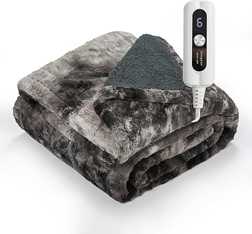 SNUGSUN Manta térmica de piel sintética y sherpa tamaño individual, manta eléctrica segura con certificación ETL y FCC, suave y cálida, 6 niveles de