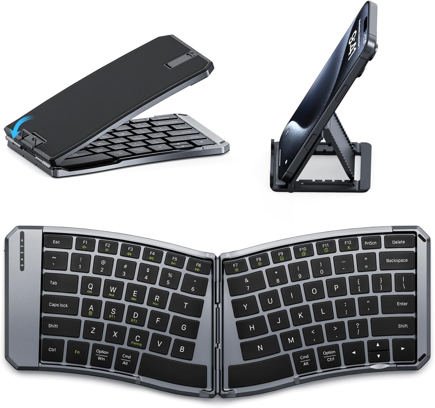 MoKo Ergonomic Foldable Bluetooth Keyboard in folded and unfolded states, with a phone stand.
