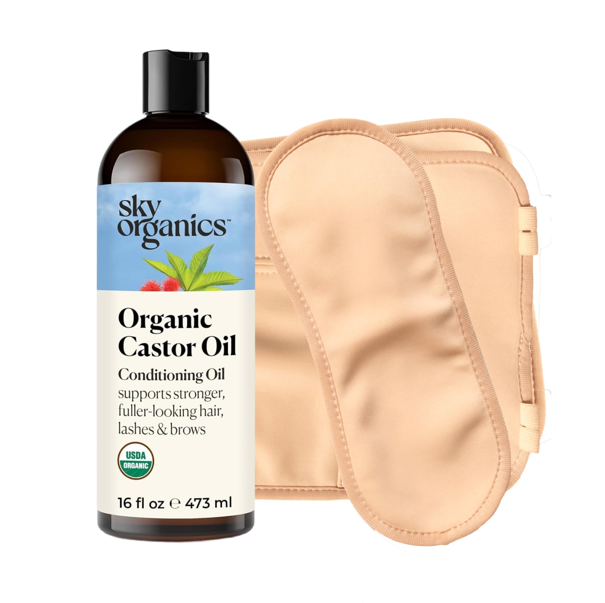Sky Organics 16oz Castor Oil w/Wraps | Reusable Organic Castor Oil Pack to Boost Body's Wellness, Encourage Rest & Relaxation | Adjustable Elastic Straps Cotton Durable Easy to Use