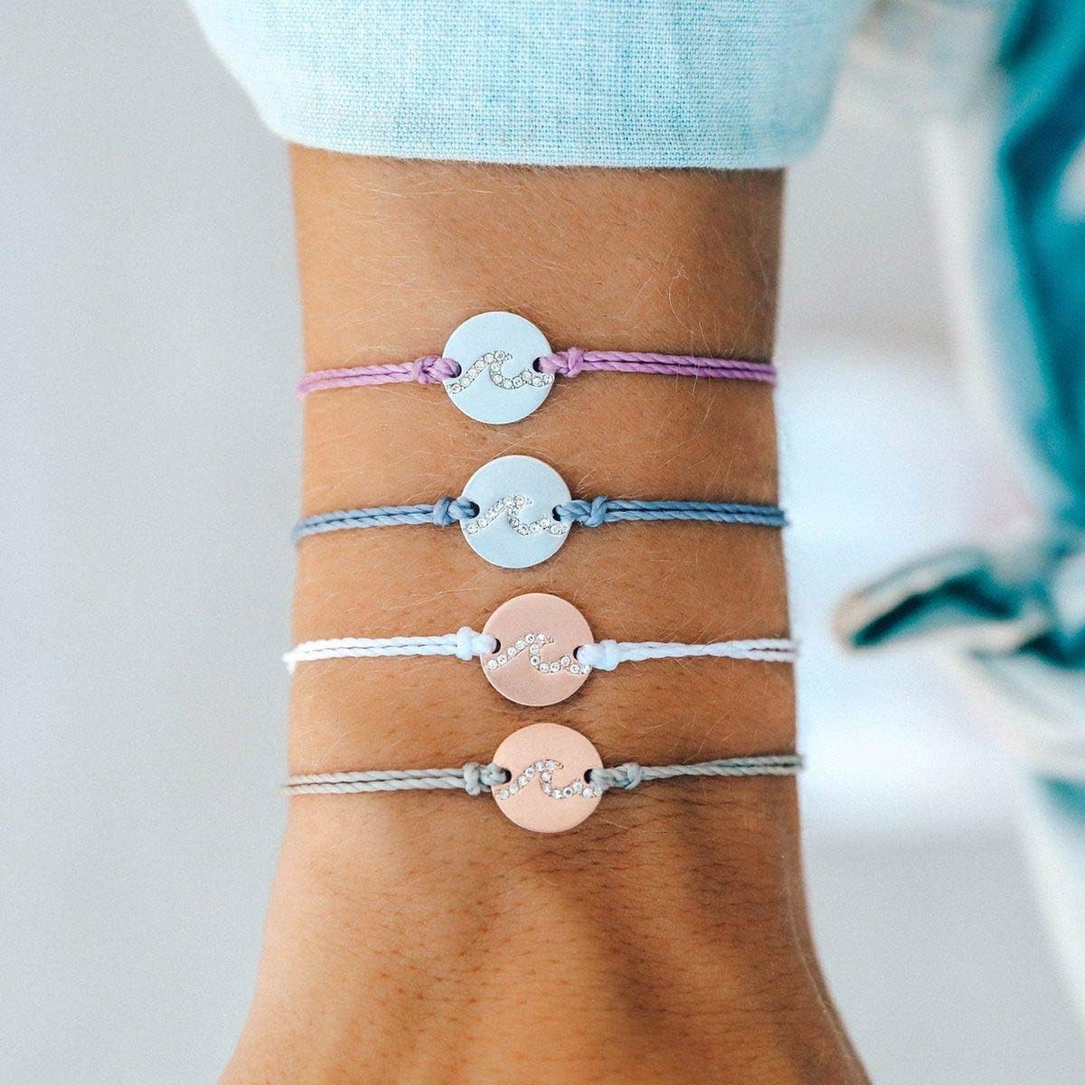 Pura Vida Silver Pave Wave Coin Bracelet - 100% Waterproof, Adjustable Band - Brand Charm, Blue Steel: Clothing, Shoes & Jewelry