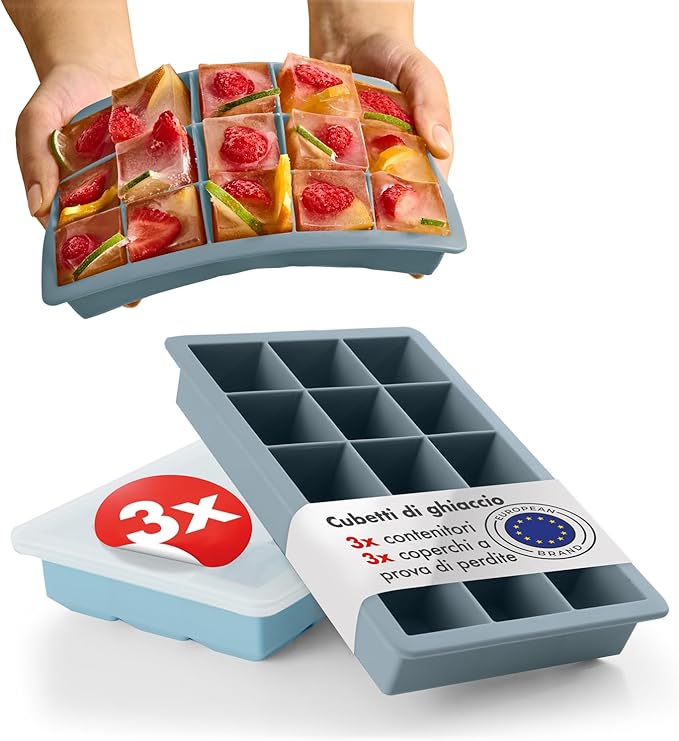 Blumtal Set di 3 stampi per cubetti di ghiaccio in Silicone - Stampo per 15 cubetti di ghiaccio con coperchio - Stampo per cubetti di ghiaccio in silicone senza BPA - 2x grigio blu + blu chiaro
