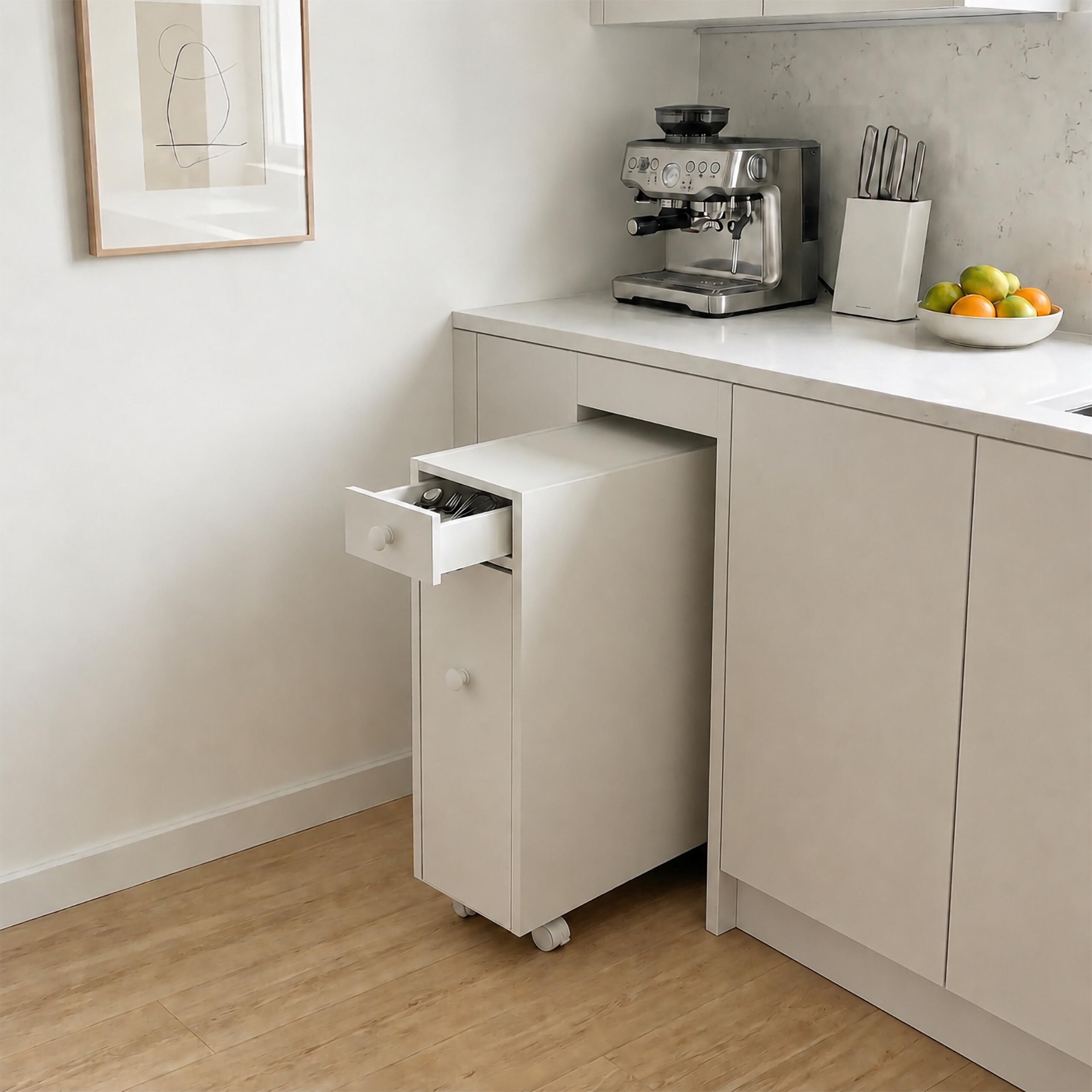 Relaxdays, mobile nicchia rollabile con cassetto e scomparti per bagno e cucina, 62 x 16 x 48 cm, truciolare bianco