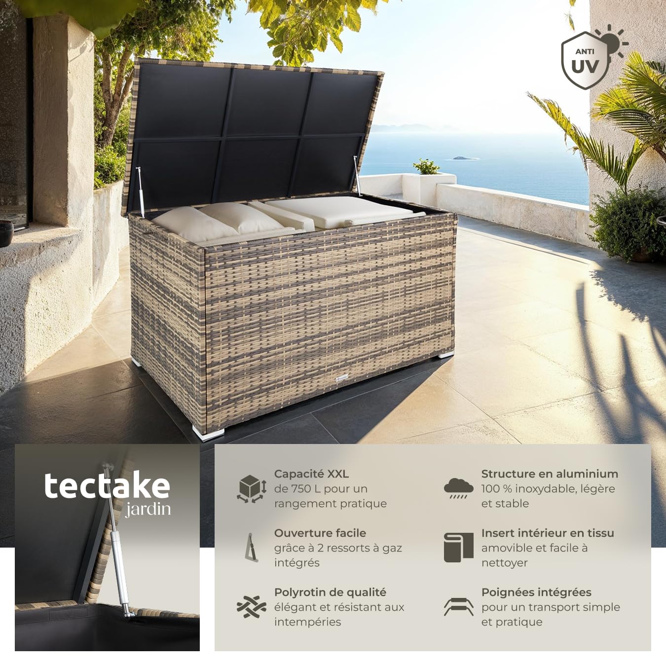 tectake® Coffre de jardin Exterieur, Coffre à Coussins 750 L en Aluminium Polyrotin 145 x 82,5 x 79,5 cm, Couvercle Rabattable, Poignées pour Rangement des Outils de Jardin, Jouets - 2