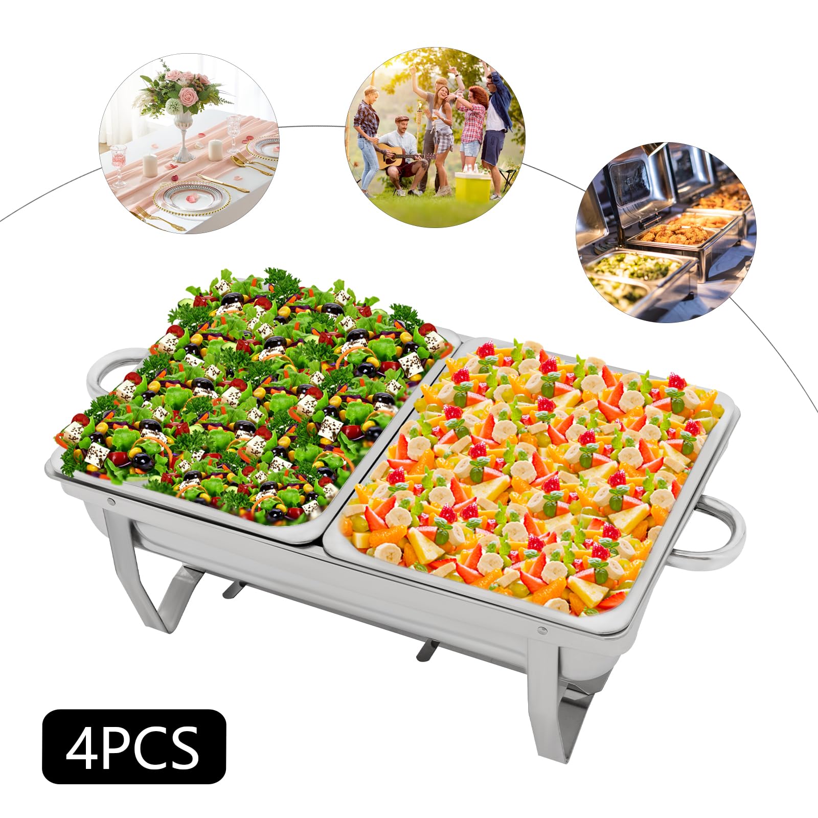 Juego de 4 calentadores de platos de acero inoxidable con tapa, calentador de buffet para alimentos, calentador de alimentos para buffet, catering, fiestas