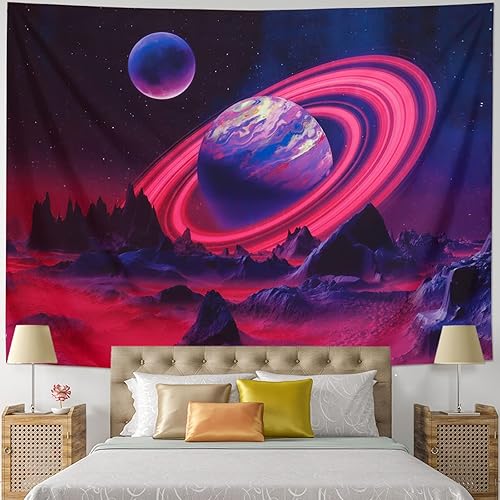 Miniatura 4 de Leofanger Tapiz de planeta trippy con luz negra, tapiz de pared reactivo a los rayos UV, tapiz de pared con galaxia, cielo nocturno estrellado,