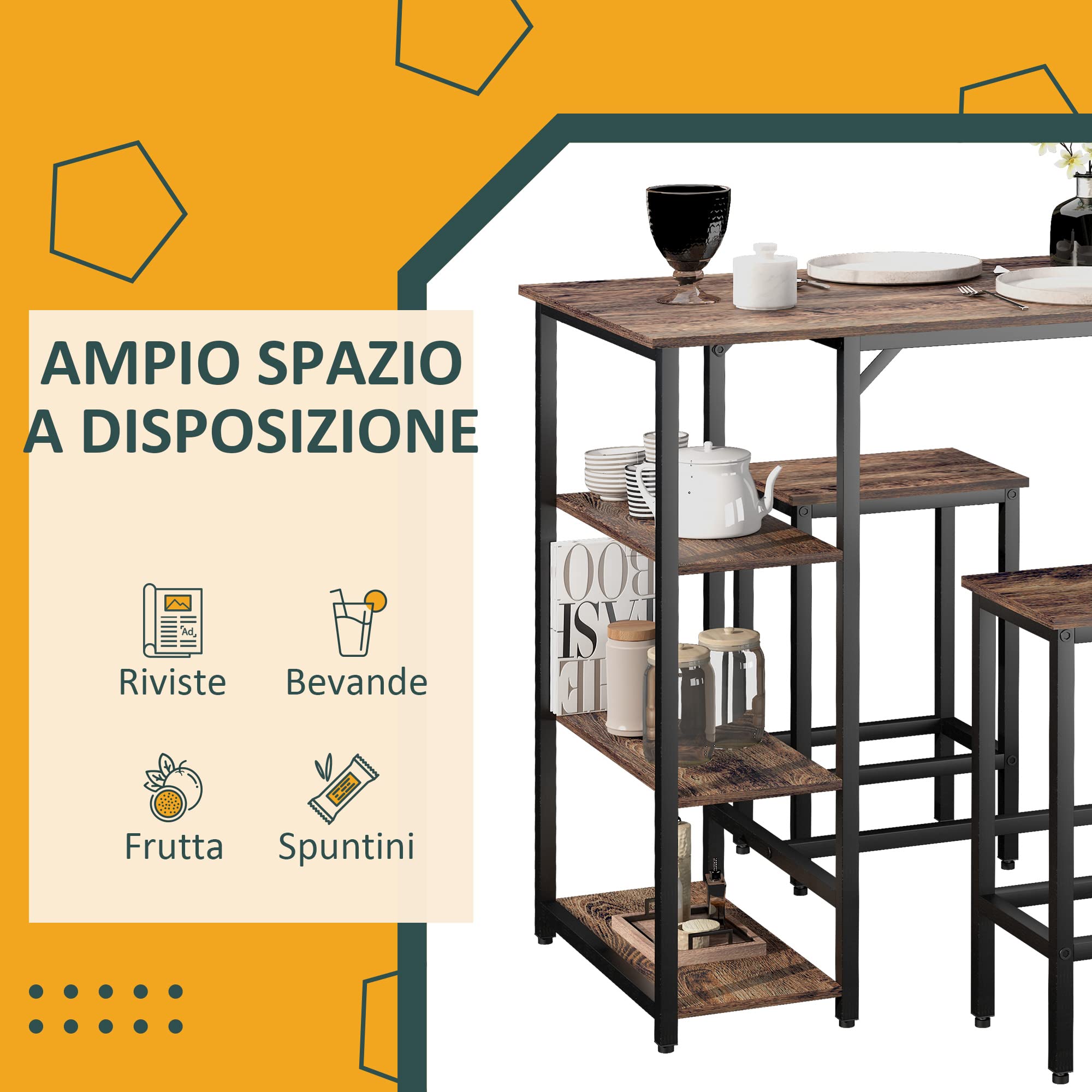 HOMCOM Set Tavolo Alto con 2 Sgabelli e Scaffale Stile Industriale in Metallo e Legno, Arredamento Moderno Bar e Cucina, Marrone Rustico