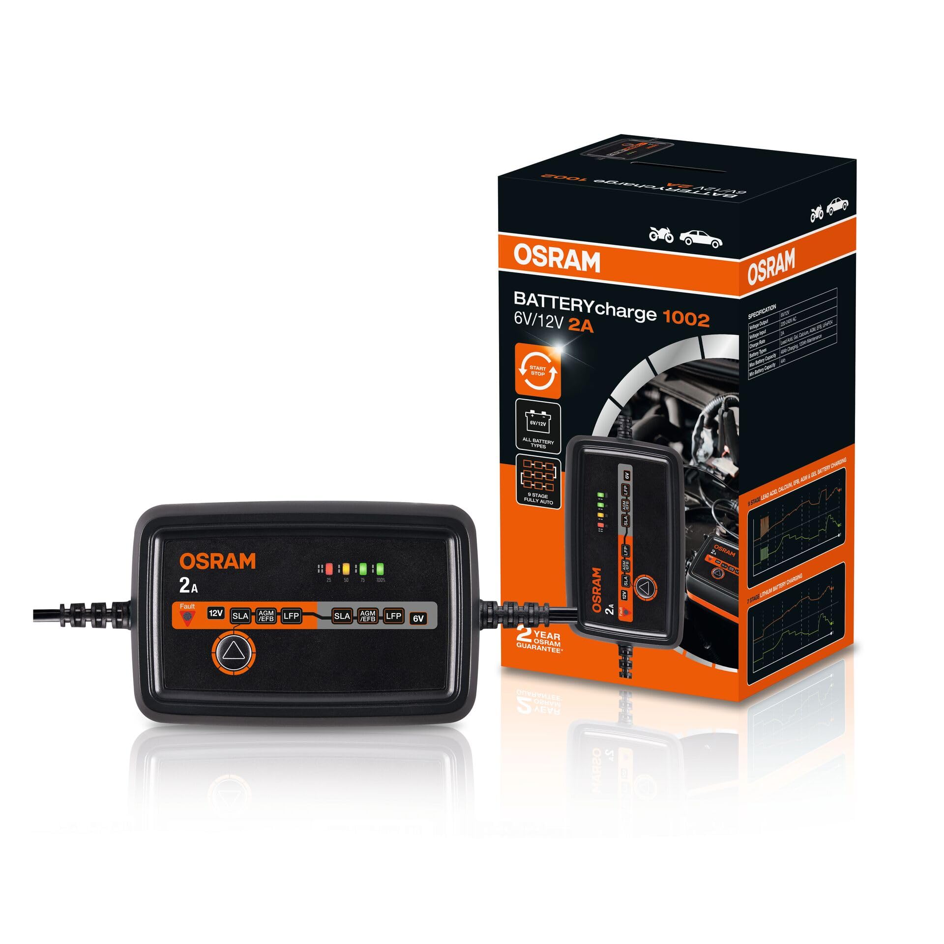 OSRAM BATTERYcharge 1002, 6 V/12 V, inteligentna ładowarka 2 A, do motocykli i mniejszych pojazdów, do akumulatorów AGM, EFB, kwasowo-ołowiowych i litowych, z trybem podtrzymującym
