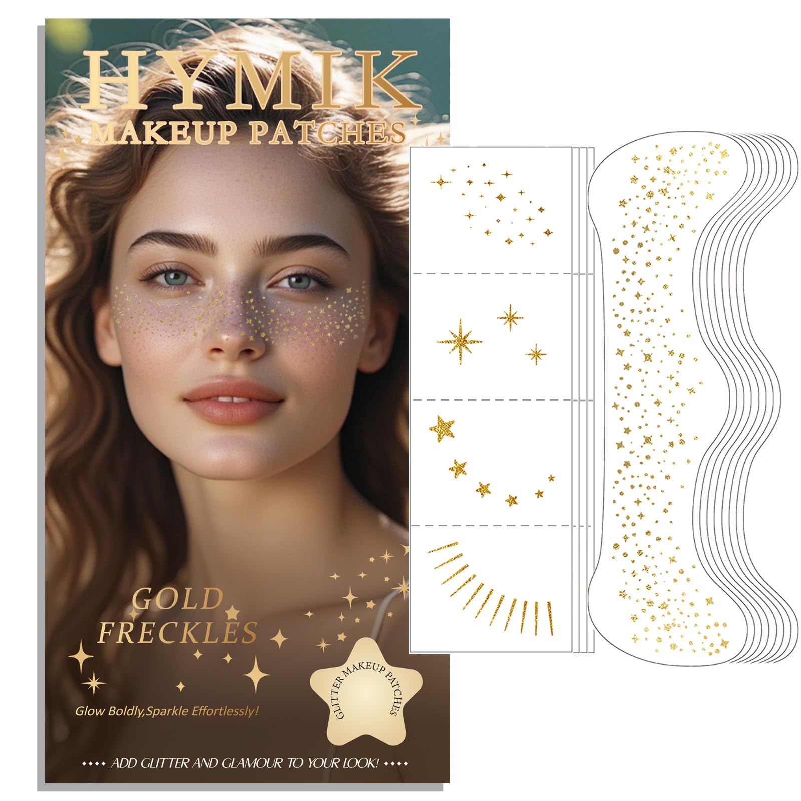 Freckles Face Tattoo, All-in-One Holographic & Gold Glitter, Waterproof and Sweatproof Sparkle Patches, Festival Cute Star Temporary Tattoo (Gold 24pcs)