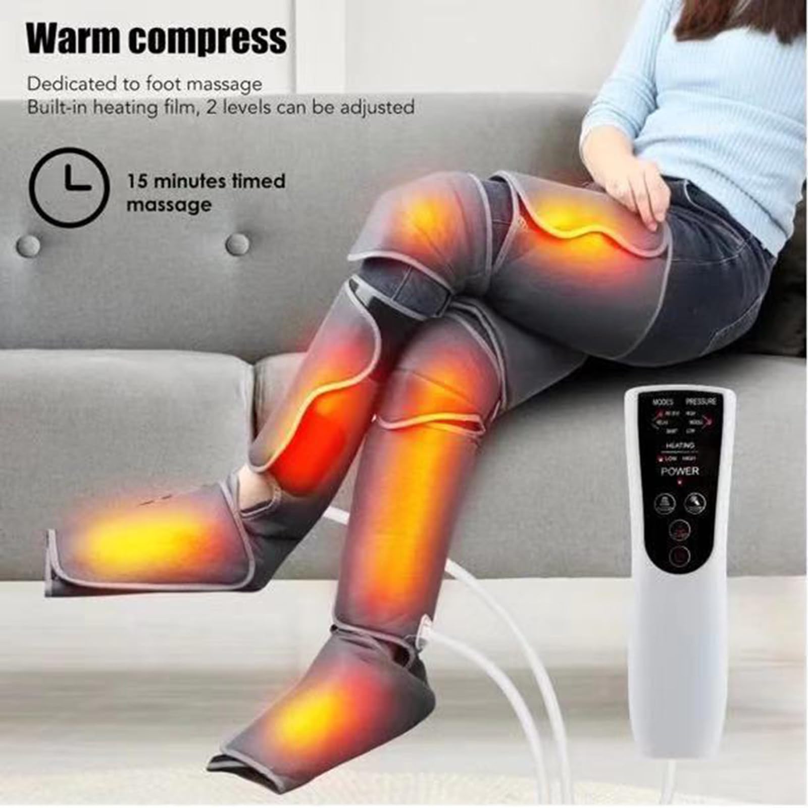 Masajeador de piernas para circulación de calor, masaje de compresión de pies de muslo de pantorrilla, diseño de envoltura ajustable, relaja los músculos del dolor de piernas
