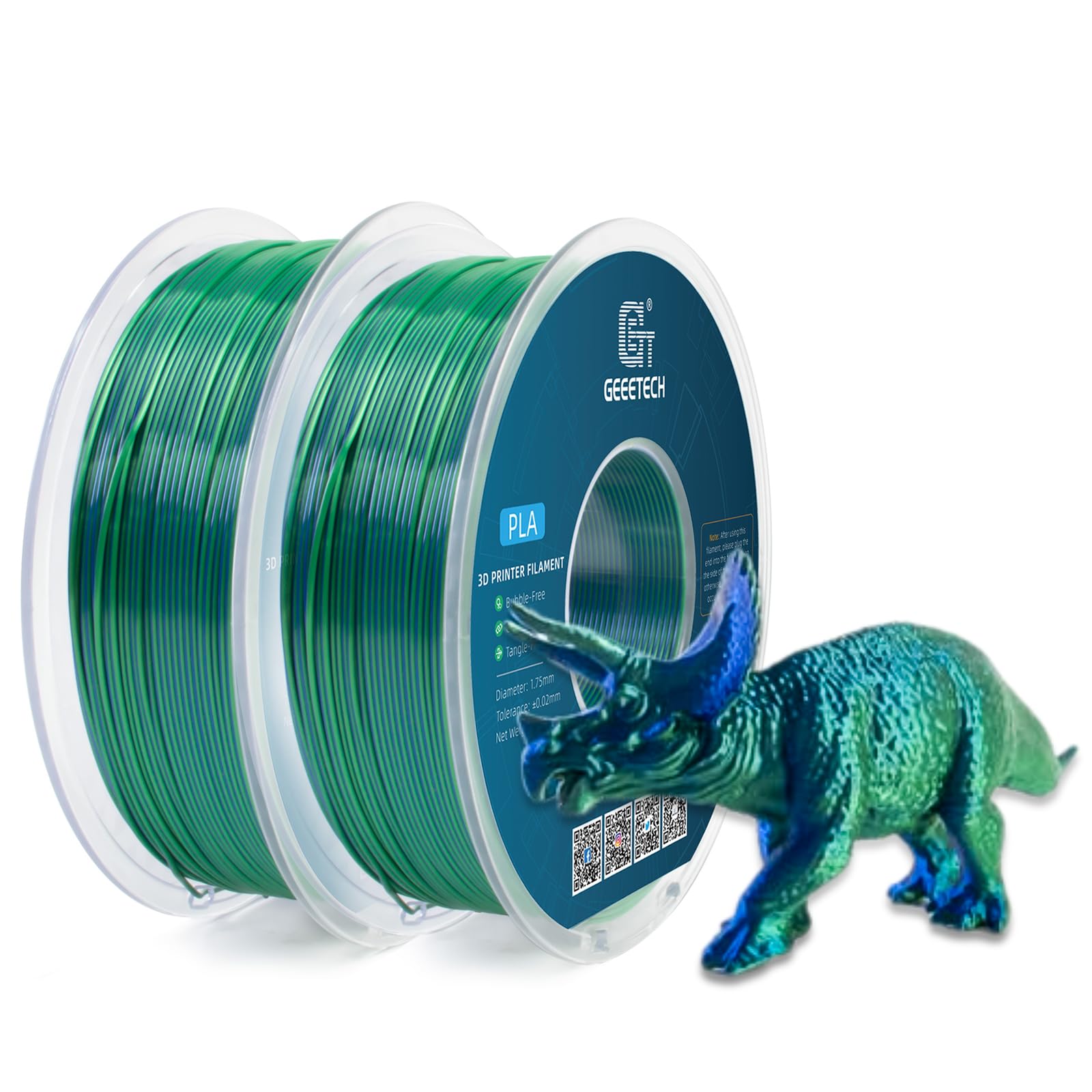 GEEETECH Filamento PLA de seda Doble, 1,75 mm, filamento para impresora 3D, 1kg por Carrete, 2 Rollos，Azul/Verde x2