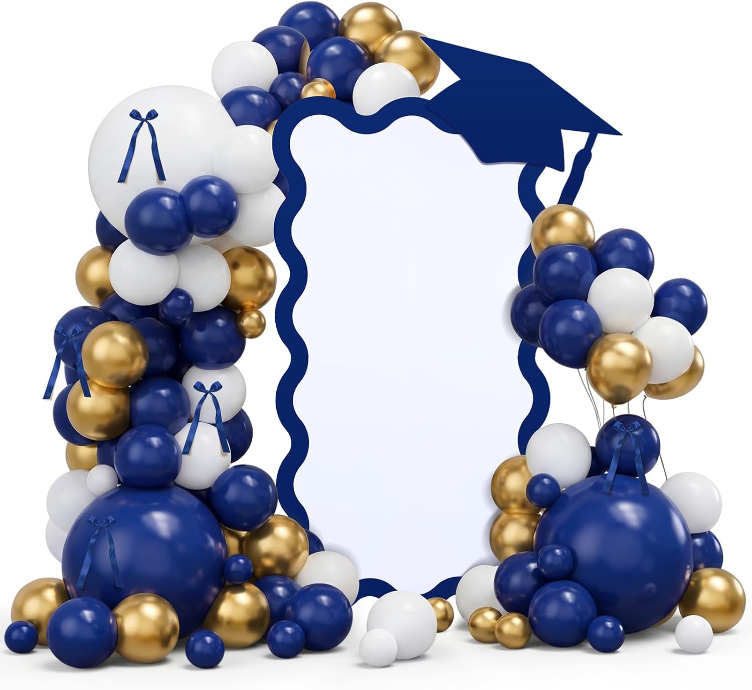Blue Gold Graduation Party Decorations - 5ft Scalloped Cardboard Class of 2026 Graduation Cap Cardboard Cutout and 134pcs Metallic Blue Gold Balloons with Different Size for Grad Party