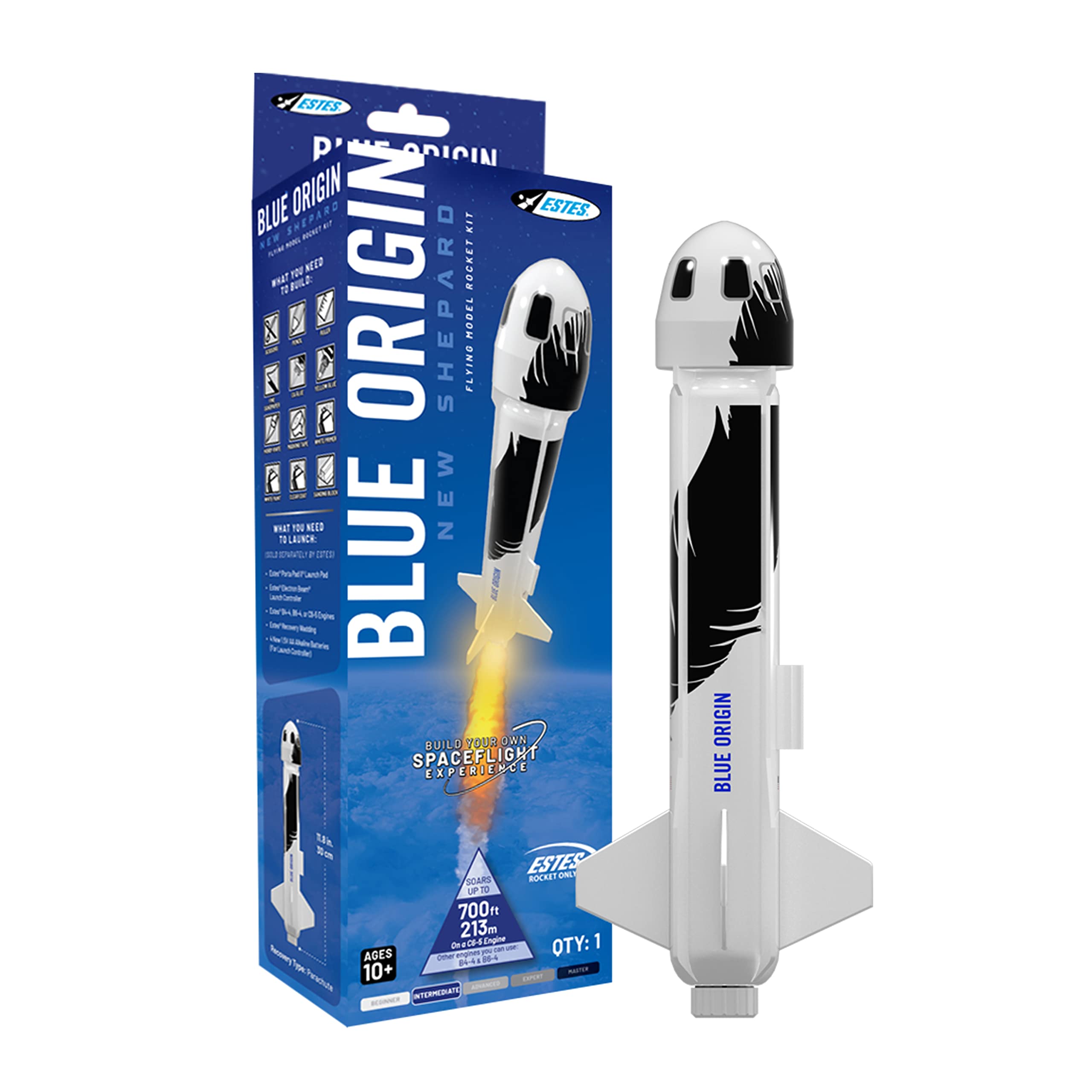 Estes 7315 Blue Origin New Shepard Builder Kit, Intermediate Flying-Rocket Model Kit for Ages 10+, Includes Model Parts and Parachute