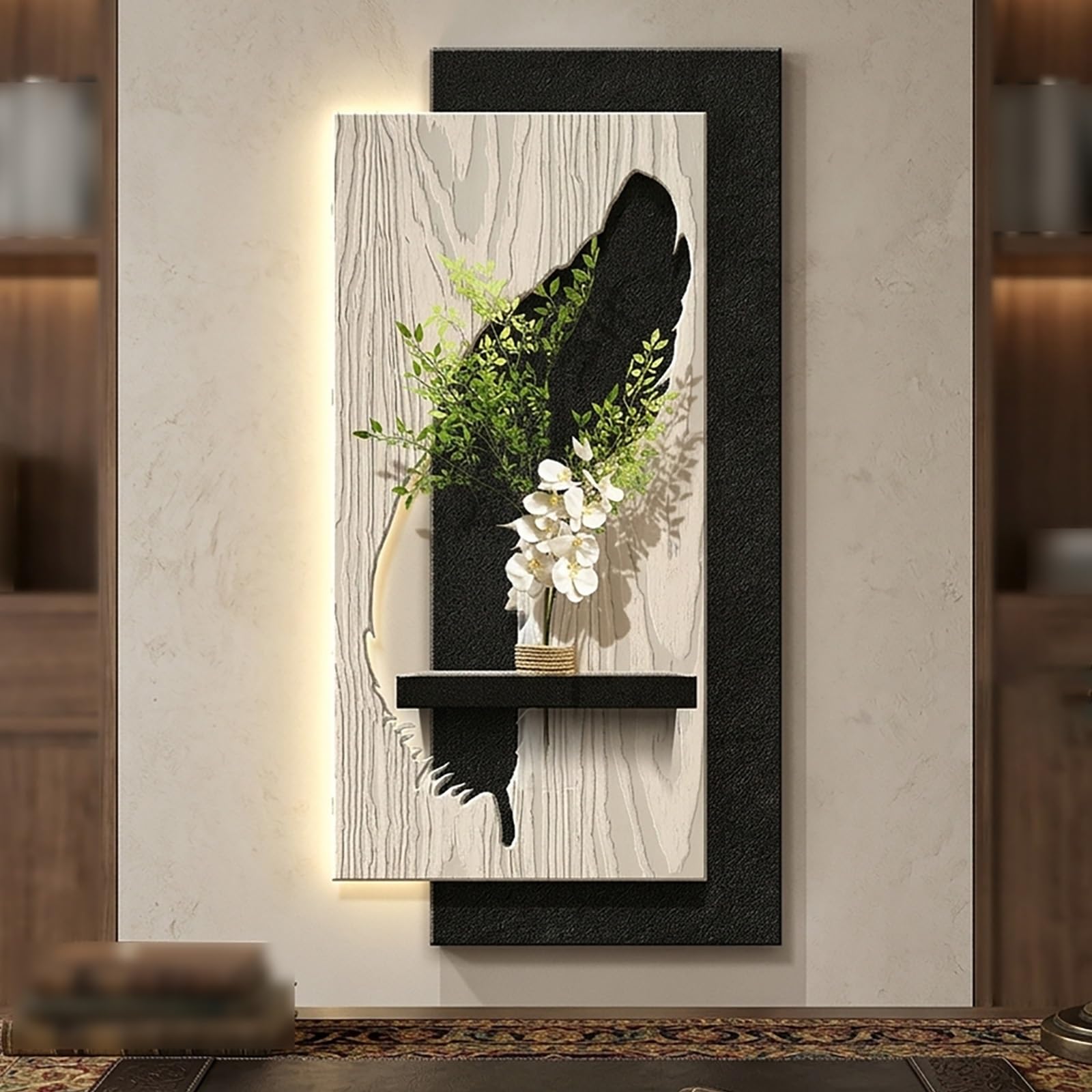 YHTCSXMD Modern Sandstone Wall Art with LED Lights, 3D Textured Wall Sculpture with Vase and Faux Greenery, Plug-in Power Supply for Living Room, Bedroom(60x120cm/23.6x47.2in,B)