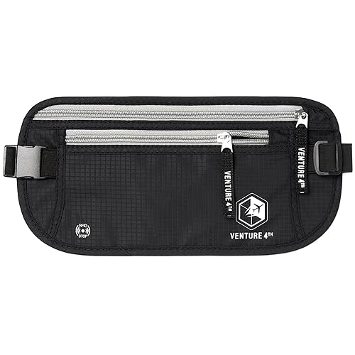 VENTURE 4TH Money Belt for Travel – Hidden Under-Clothes RFID Blocking Passport Holder & Slim Travel Wallet Pouch for Men & Women to Protect Cash, Cards & Documents (Black)