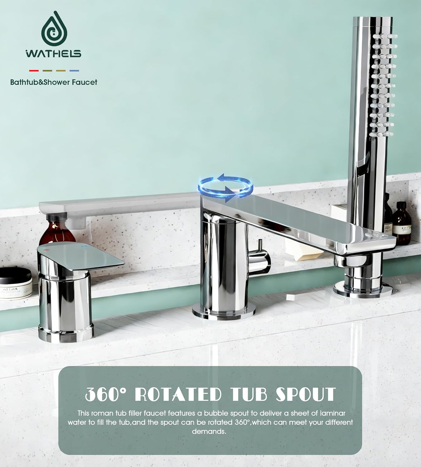 Modern Chrome Roman Tub Faucet with 360° Rotated Spout, Deck Mount Bathtub Faucet with Hand Shower, Widespread 3 Holes Bath Tub Filler Faucet Rough In Valve Included (Chrome)