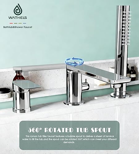 Miniatura 3 de Grifo de bañera romano cromado moderno con boquilla giratoria de 360°, grifo de bañera de montaje en cubierta con ducha de mano, grifo de llenado de