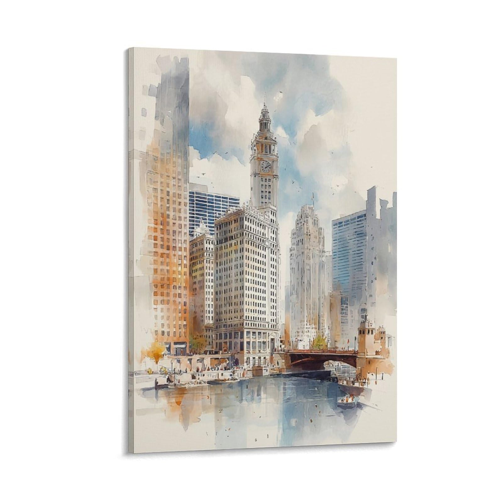 XWYMXZ Chicago Watercolor Art Print Vibrant Travel Posters 24x36inch(60x90cm) Vintage Watercolor Canvas Art