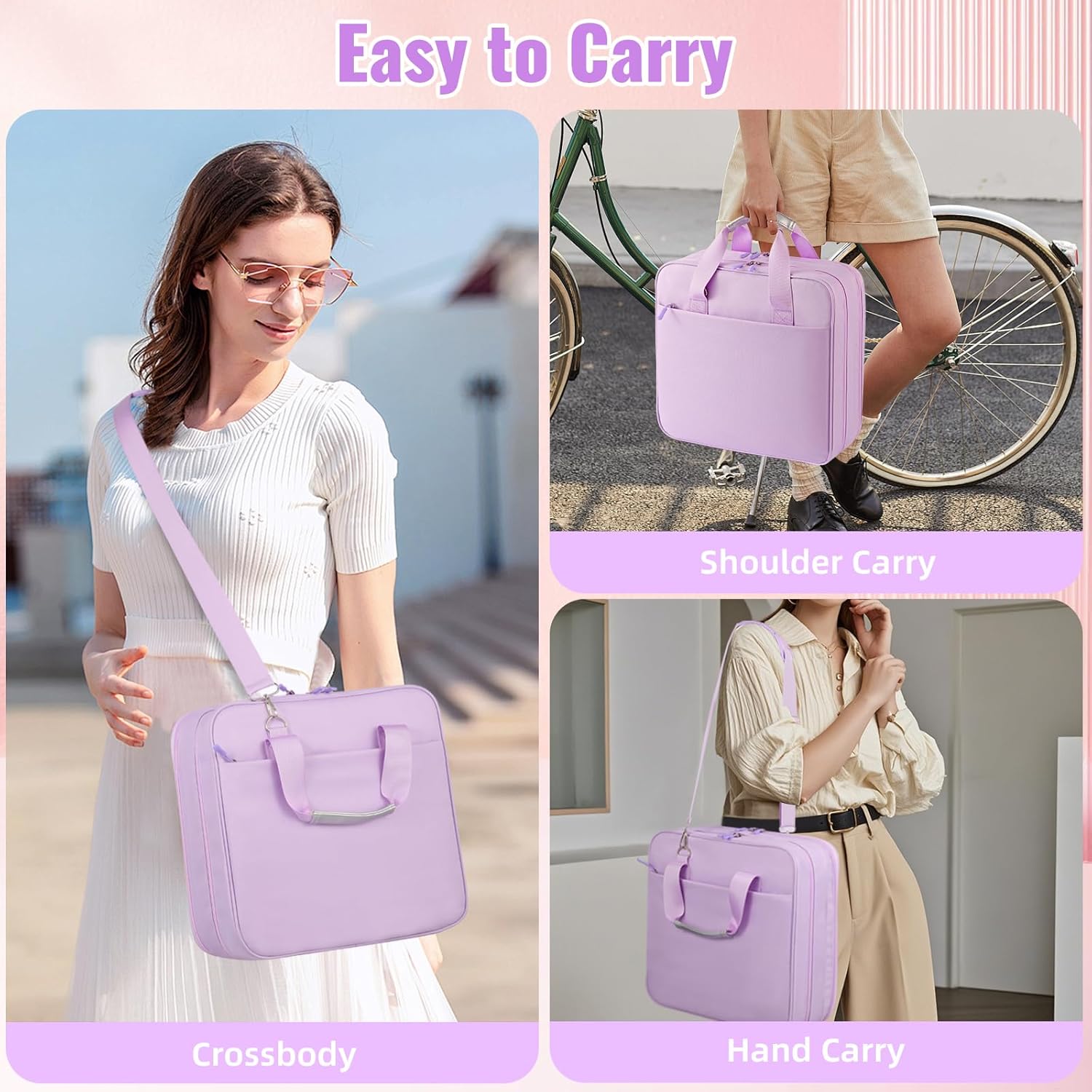 Zipper Binder 3 Ring with Shoulder Strap, 2 Inch O-Rings, 500-Sheet Capacity, Binder Bag with Expanding File Folder & Multi-Pockets, Trapper Keeper fits for 13 Inch Laptop (Purple)