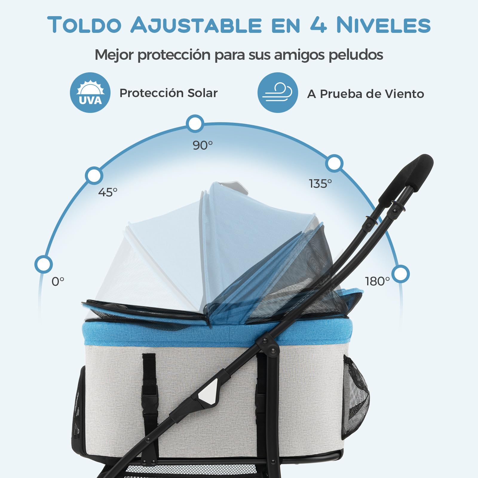 COSTWAY 3 en 1 Cochecito para Mascotas Plegable, Cochecito de Mascotas con Toldo Ajustable de 4 Niveles y Cesta de Almacenamiento, Carrito para Gatos con Porta Asiento de Coche Extraíble (azul)