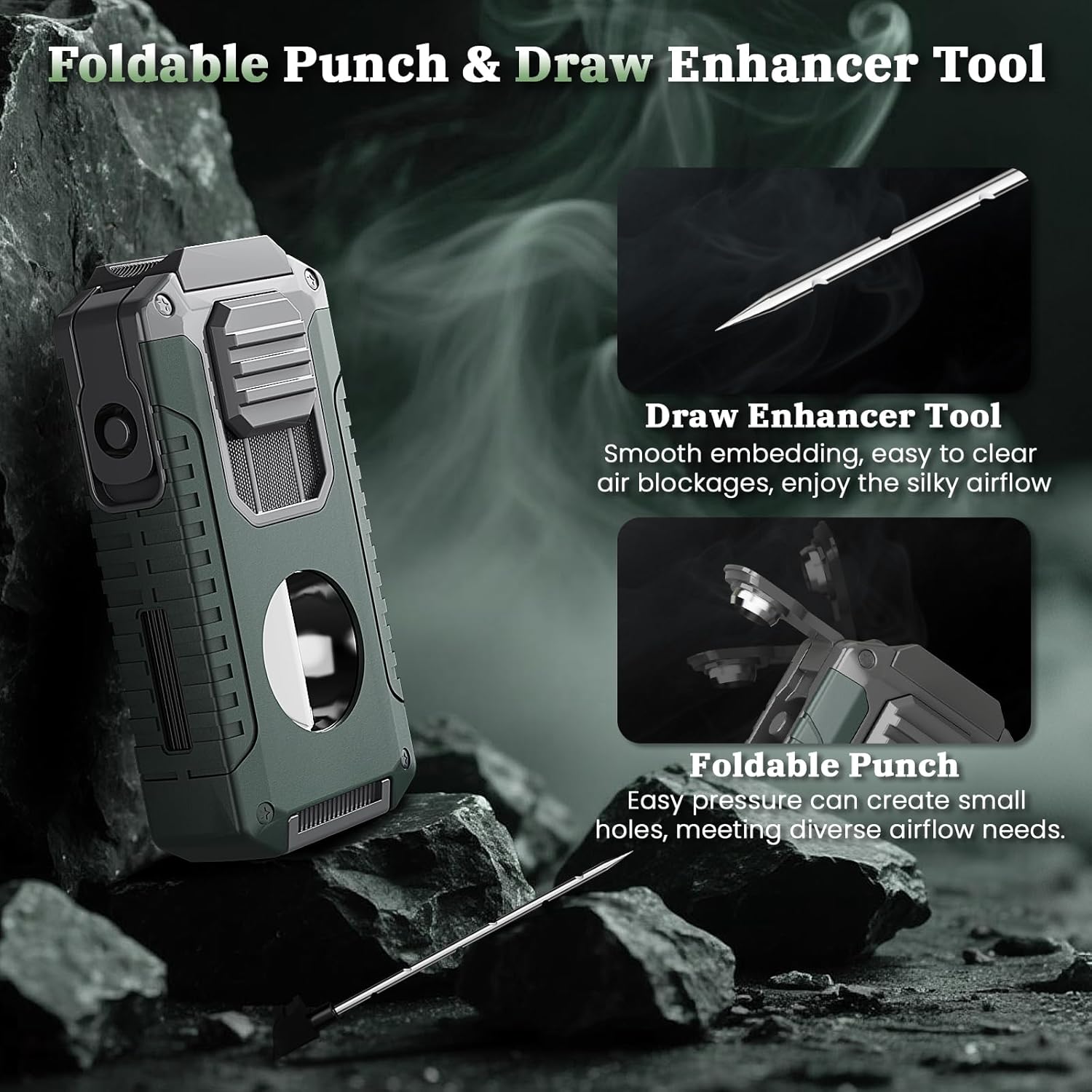 Torch Lighter Built-in Cutter, Punch, Holder, and Draw Enhancer Tool, with Gift Box for Men, Windproof Triple Jet Flame, All-in-one Refillable Butane Lighters Accessories for Outdoor (Teal Sliver)