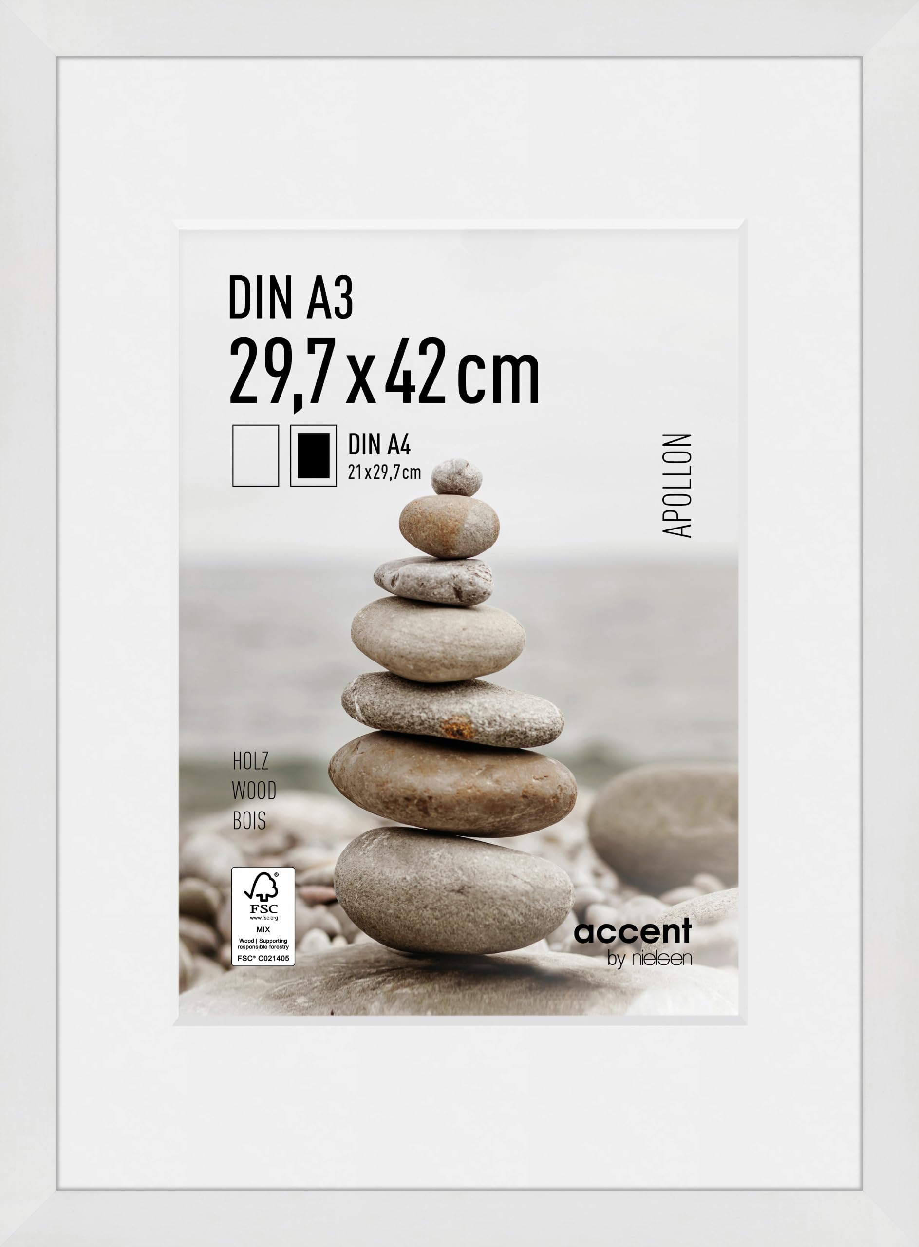 accent by nielsen Apollon Wooden Picture Frame - White A3 (29.7x42cm) with White Mount for A4 Picture - Float Glass and Easy Push and Turn Clips