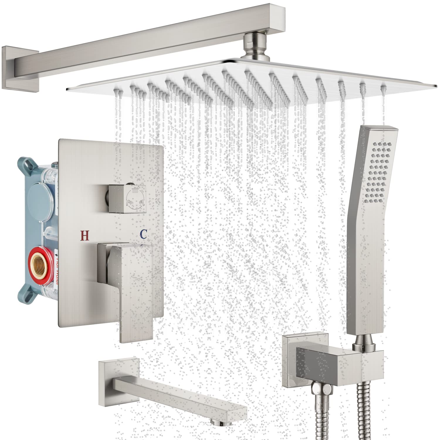 Pommeau de douche effet pluie 30 cm contre le calcaire avec robinetterie encastrée