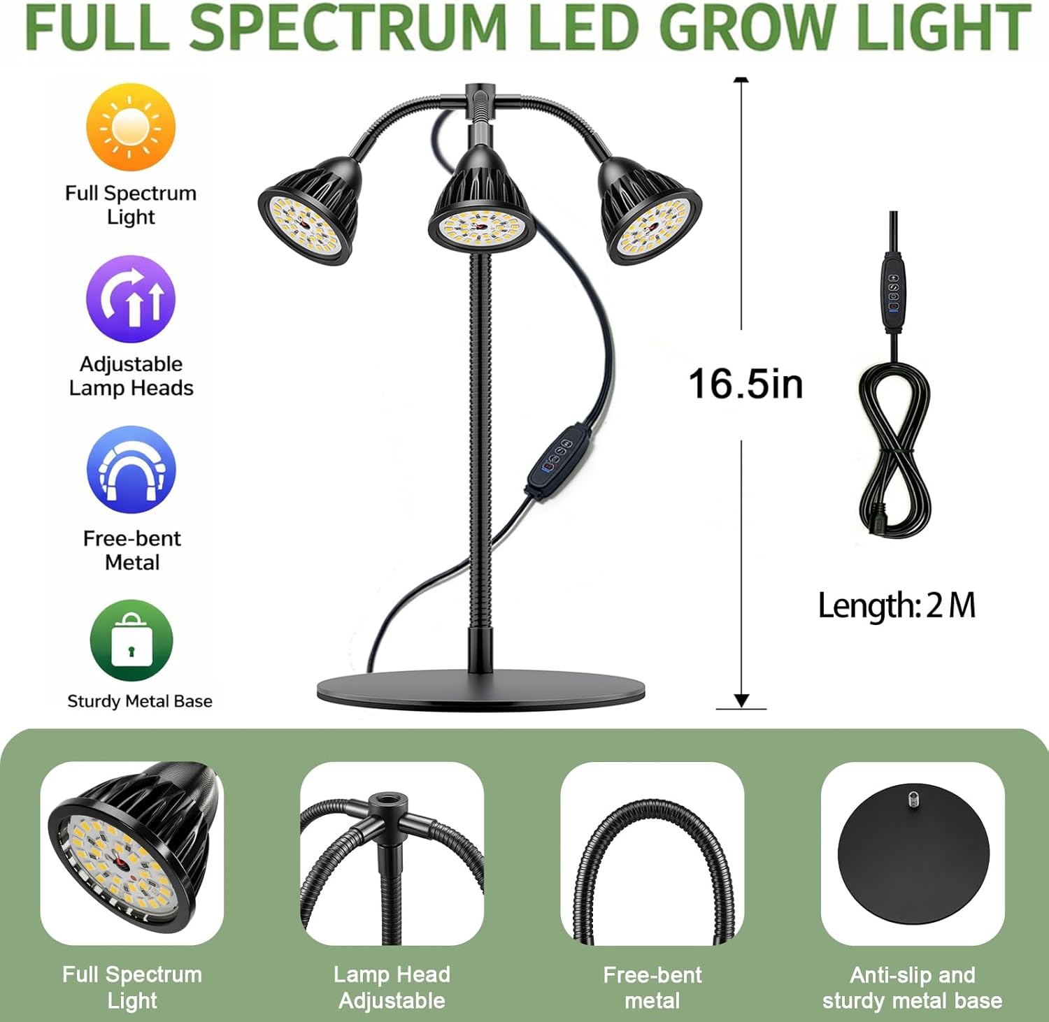 QCQHDU Grow Lights for Indoor Plants Full Spectrum,81 LED Triple-Bulb Plant Growing for Seed Starting Lamp with 3/9/12H Timer,Adjustable Gooseneck with Base,3 Switch Modes