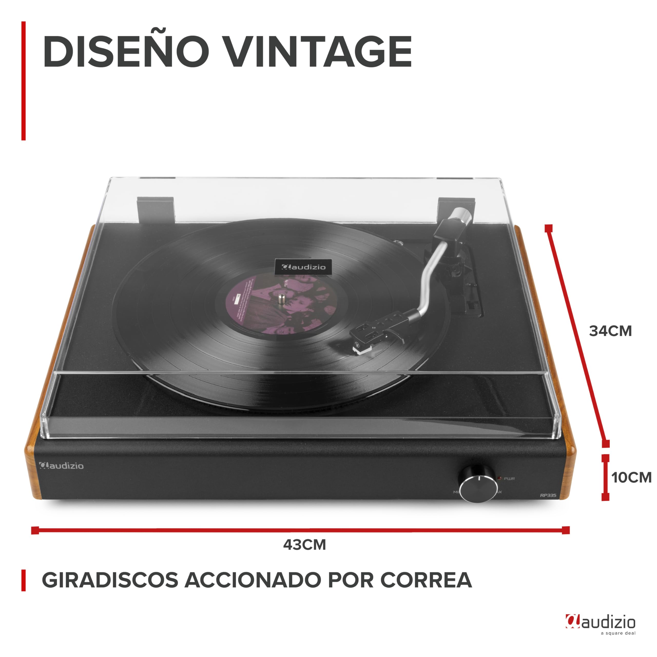 Audizio RP335 Tocadiscos de Estilo Retro con Altavoces estéreo de 40W, tracción a Correa y 3 velocidades, Reproductor de Vinilo con conversor de USB a MP3, Receptor Bluetooth, Acabado Estilo Madera