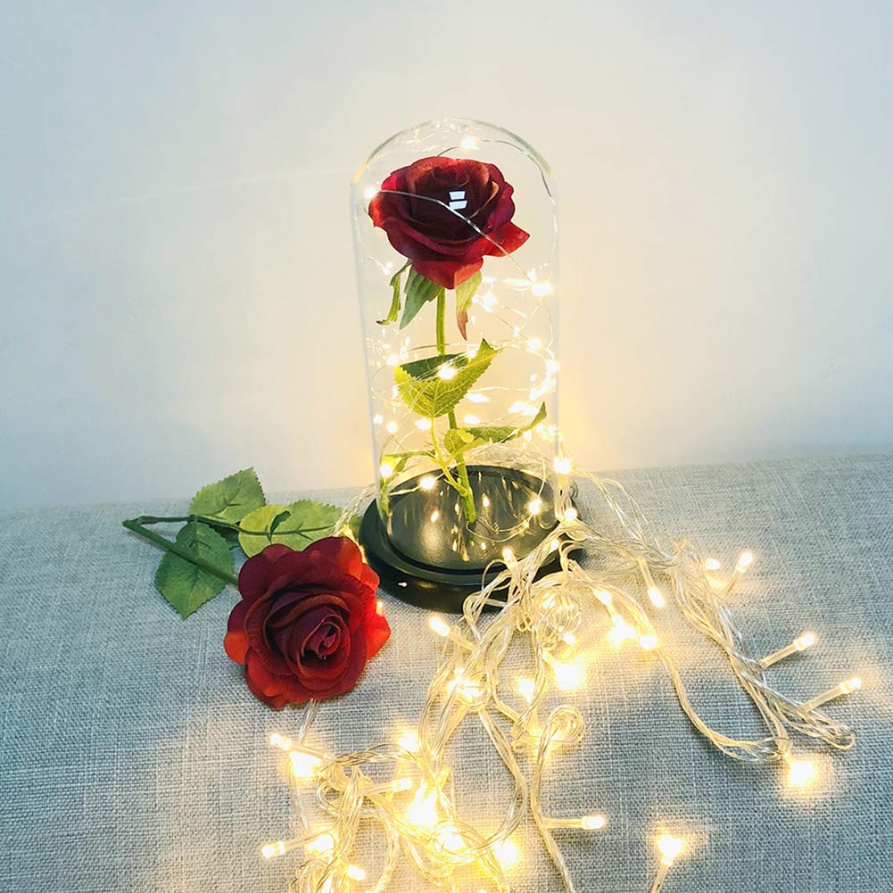 Gadpiparty Rose Éternelle Rouge Sous Dôme Verre Cristal Avec Lumière LED - Cadeau Saint Valentin Mariage