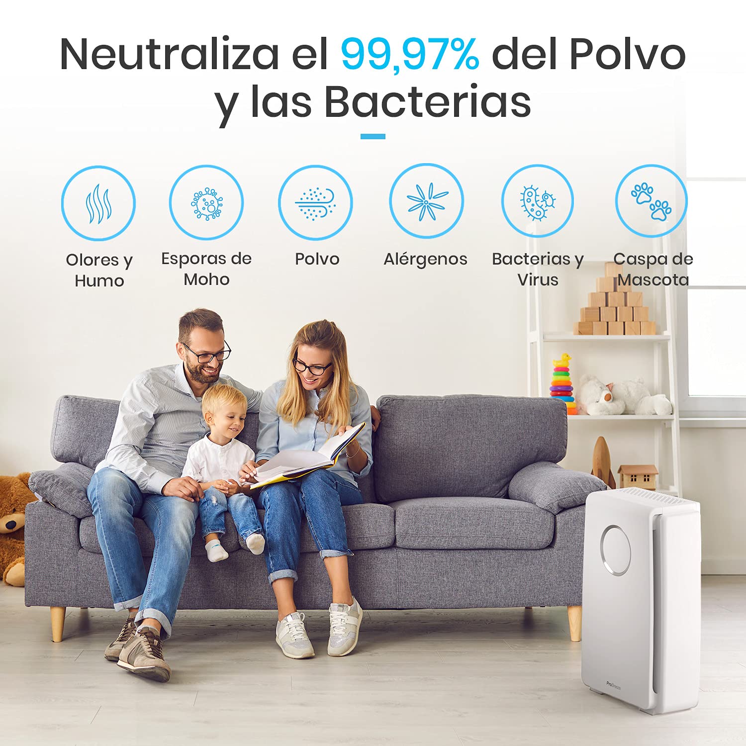 Pro Breeze Purificador de aire 5 en 1 con pre-filtro, filtro HEPA, filtro de carbón activado, catalizador frío y generador de iones negativos. Contra las alergias y los olores (CADR 218, 40 m²)
