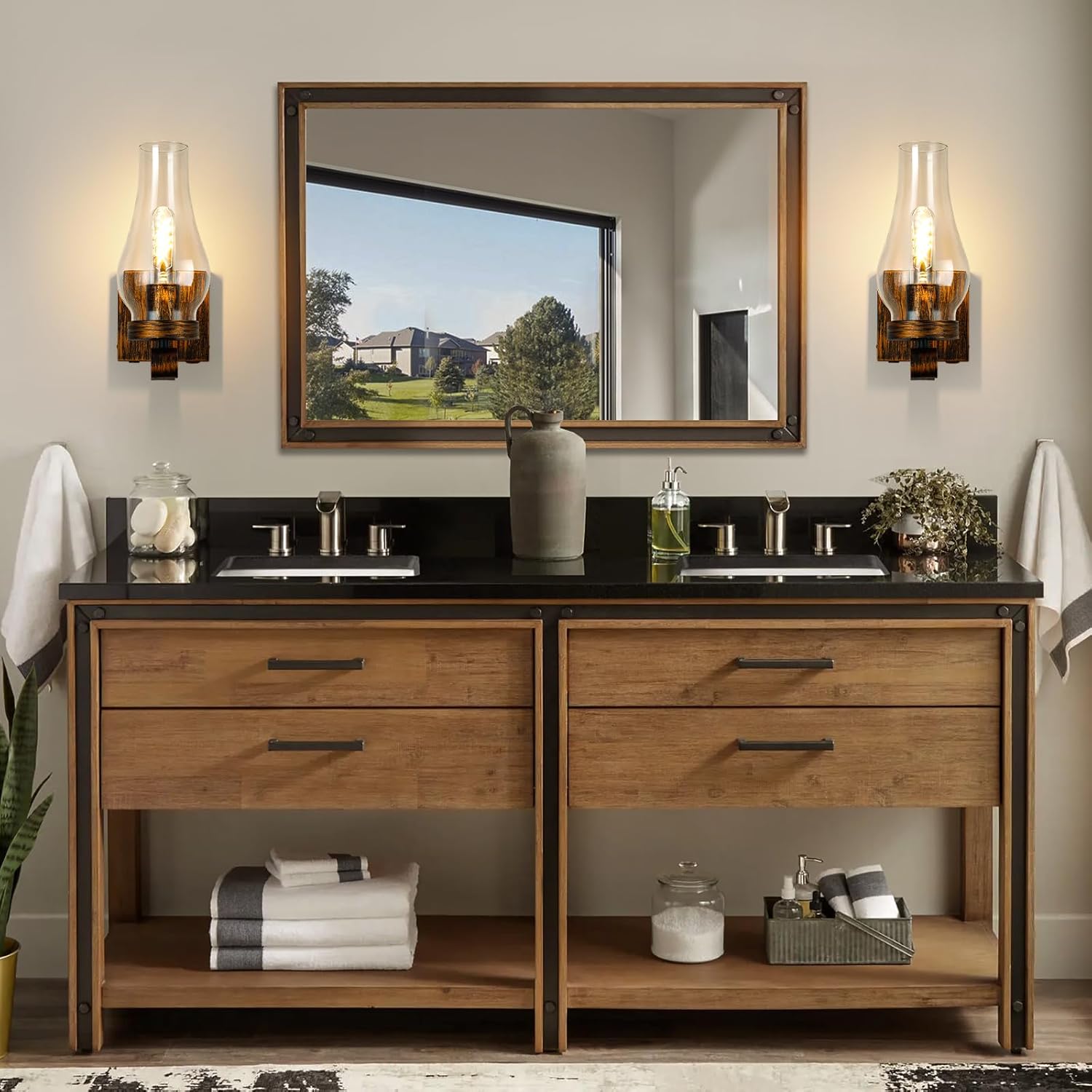 Battery Operated Wall Sconces, Rustic Wall Lights Sets of 2, Non-Hardwired Antique Kerosene Wall Lamps, Vintage Bedside Gold Wall Sconces with Remote for Living Room, Bedroom, Hallway etc