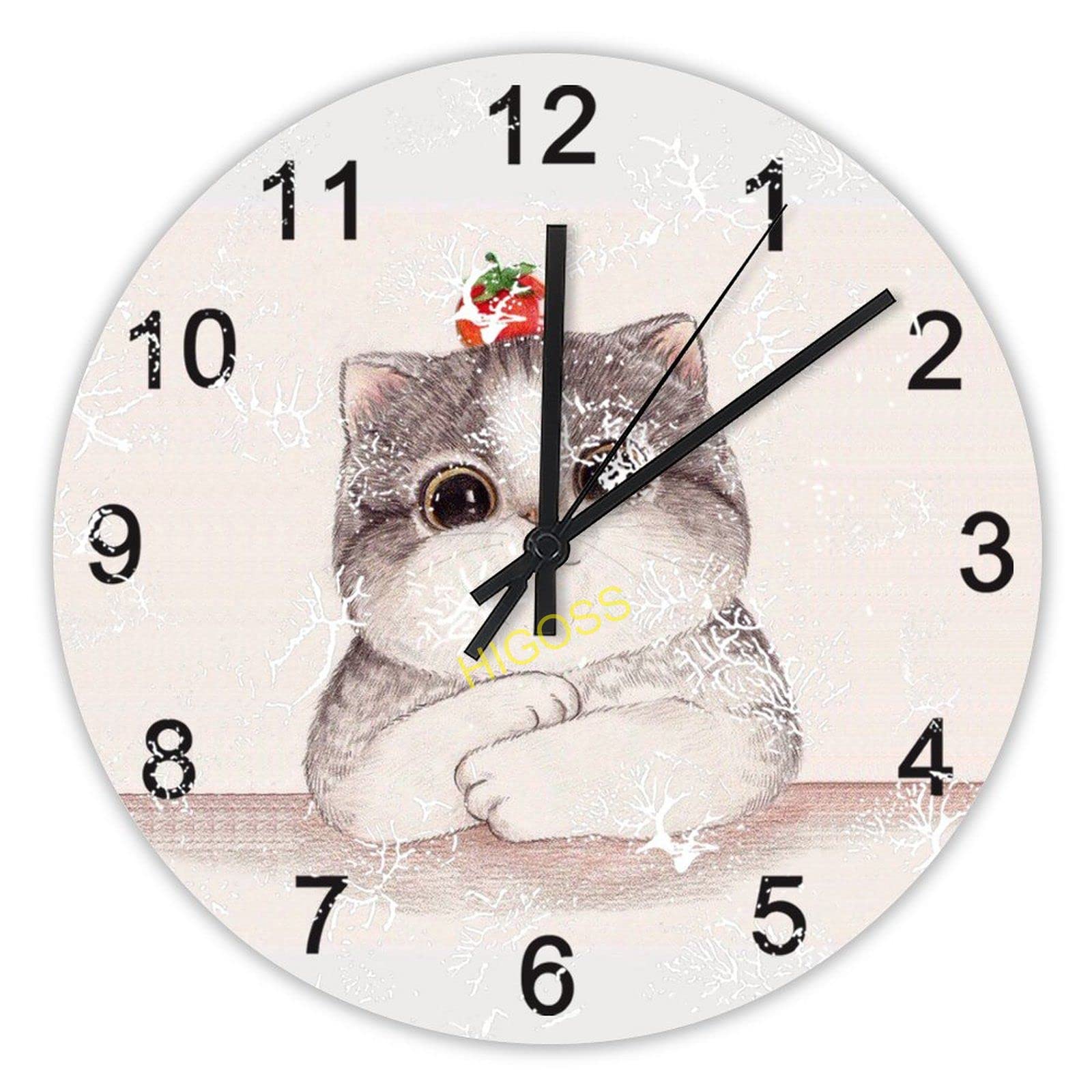 Horloge murale en bois rustique de 38 cm avec cadran chat épuré