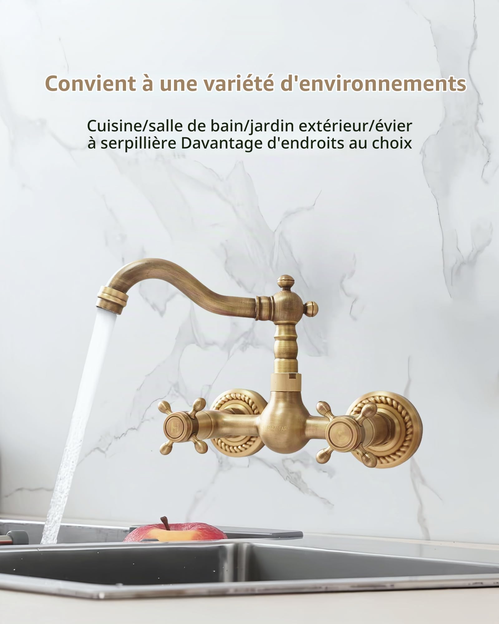 Rétro Robinet Cuisine Mural Laiton Antique à Deux Poignées