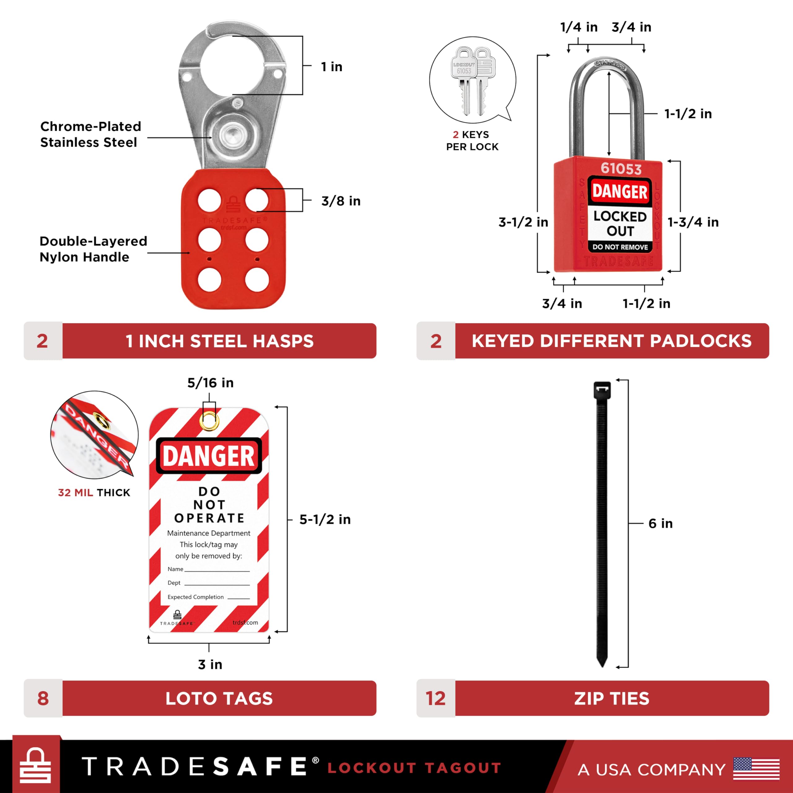 TRADESAFE Kit de etiquetado de bloqueo industrial con cerraduras, etiquetas de bloqueo, cerraduras rojas Loto | Cumplimiento OSHA para kit de bloqueo eléctrico, juego de etiquetas de bloqueo (2 llaves