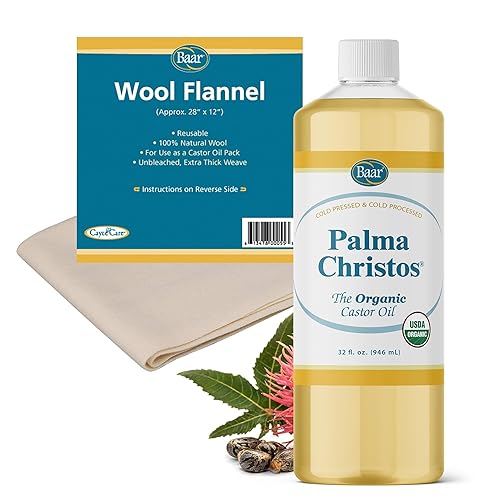 Baar Paquete de aceite de ricino orgánico Palma Christos 32 onzas de aceite de ricino + franela de lana