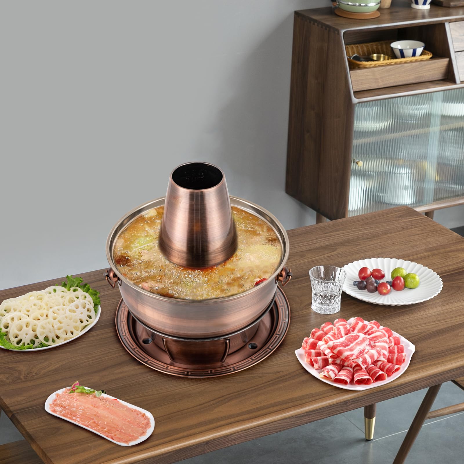 Olla caliente de acero inoxidable Olla caliente de carbón chino de 2 litros, Fondue de carnes Cocina de picnic al aire libre Olla caliente de cobre chino Olla caliente de carbón de Beijing for cenas f
