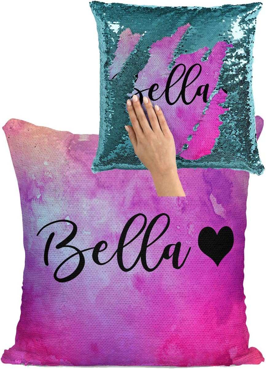 Violet Victoria & Fan Star Personalized Reversible Sequin Mermaid Flip Pillow Customized with Heart on an Aqua Satin Sequin Pillowcase